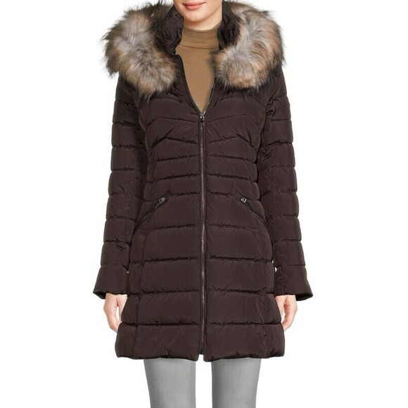 NEW Laundry Shelli Segal Womens Small Chocolate Brown Faux Fur Trim Parka Coat - Picture 1 of 9
